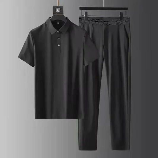 Namou Drane Herren 2-teiliges Sommer Casual Set – Kurzarm Poloshirt & Hose mit Kordelzug