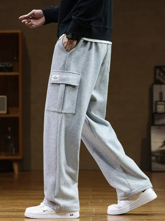 Herbst Herren Cargo-Hose mit großen Taschen – Weite Baumwoll/Polyester -Sweatpants mit Kordelzug im Streetwear Hip-Hop Style